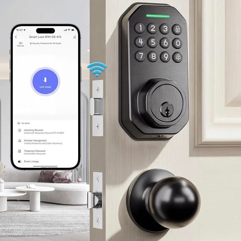 Smart Keyless Deadbolt Lock Set w/ Keypad & Door Knobs App Controlled MatteBlack