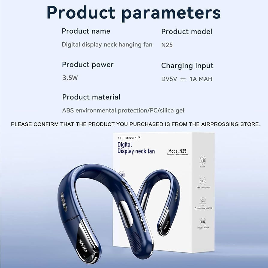 Portable Bladeless Neck Fan 6000mAh USB‑C 5‑Speed Quiet 360° Cooling Lightweight