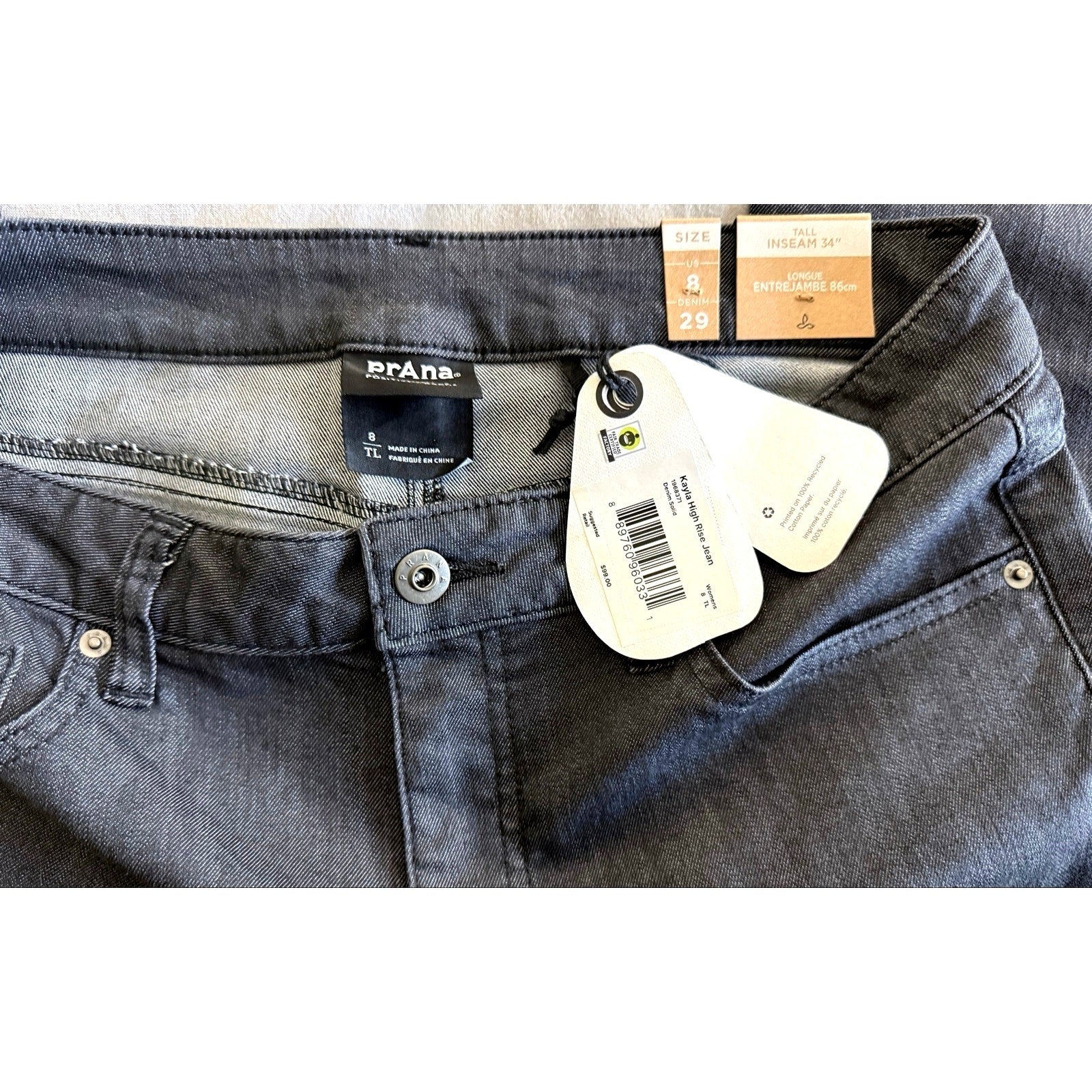 PrAna Kayla Organic Cotton Stretch High Rise Jeans Gray Women 8 / 29 x 34 NWT
