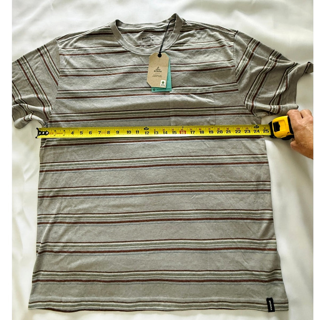 prAna Cardiff SS Pocket Tee Mens XXL Hemp‑Cotton Eco Blend Gray Alloy Stripe NWT