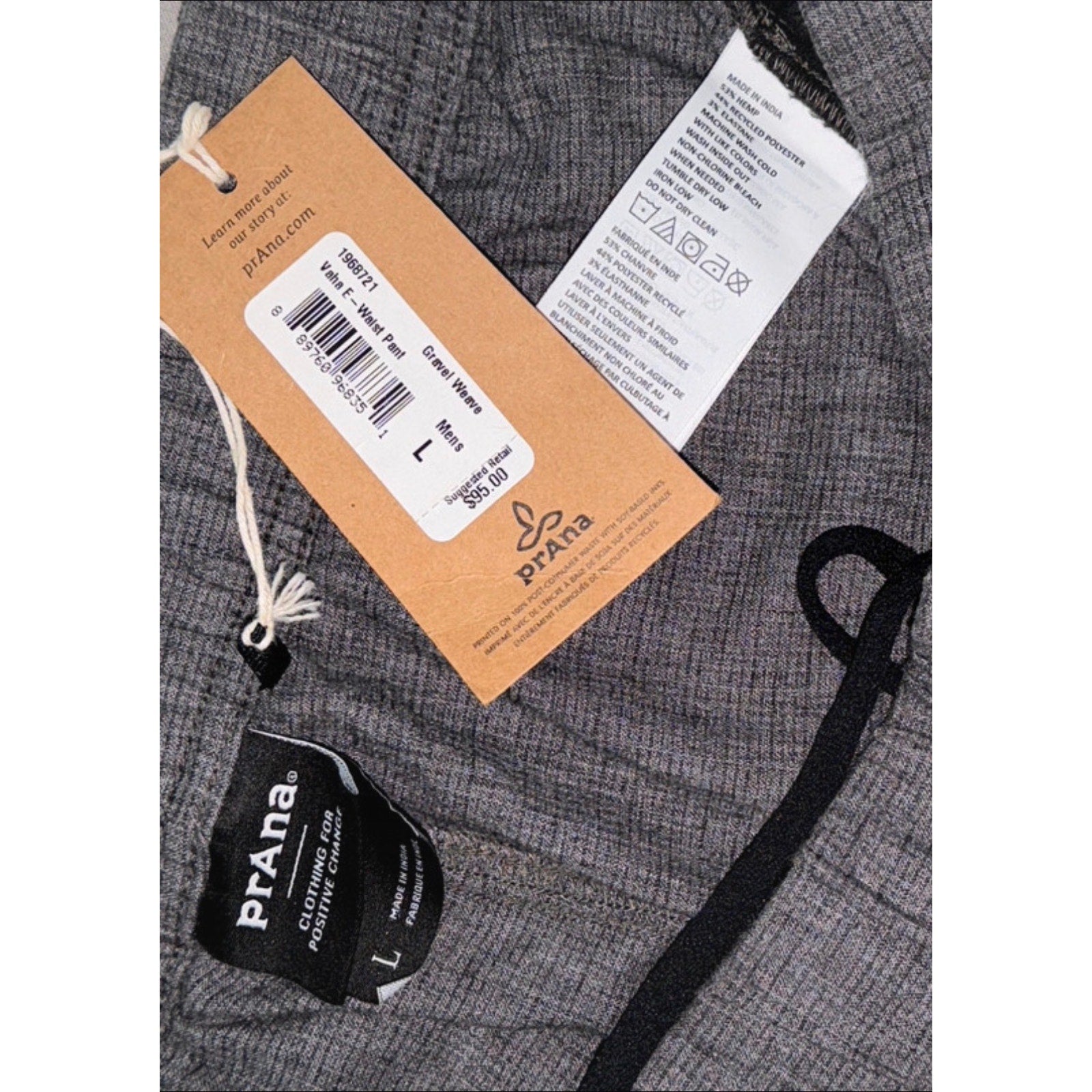 prAna Men’s Vaha E‑Waist Pants Gravel Grey Hemp Blend Large 34 Inseam NWT