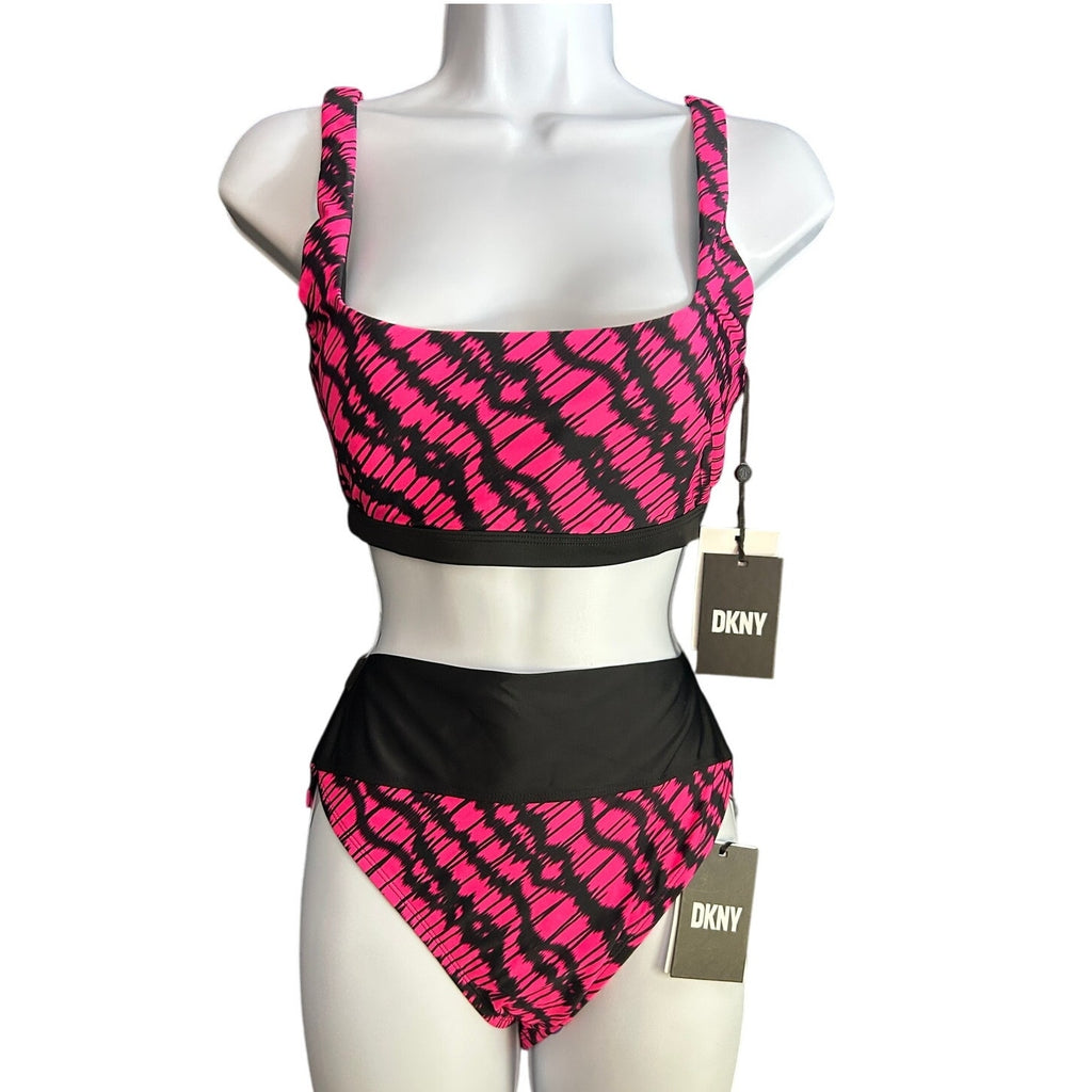 DKNY Swim Hot Neon Pink & Black Bikini Set Size Medium New