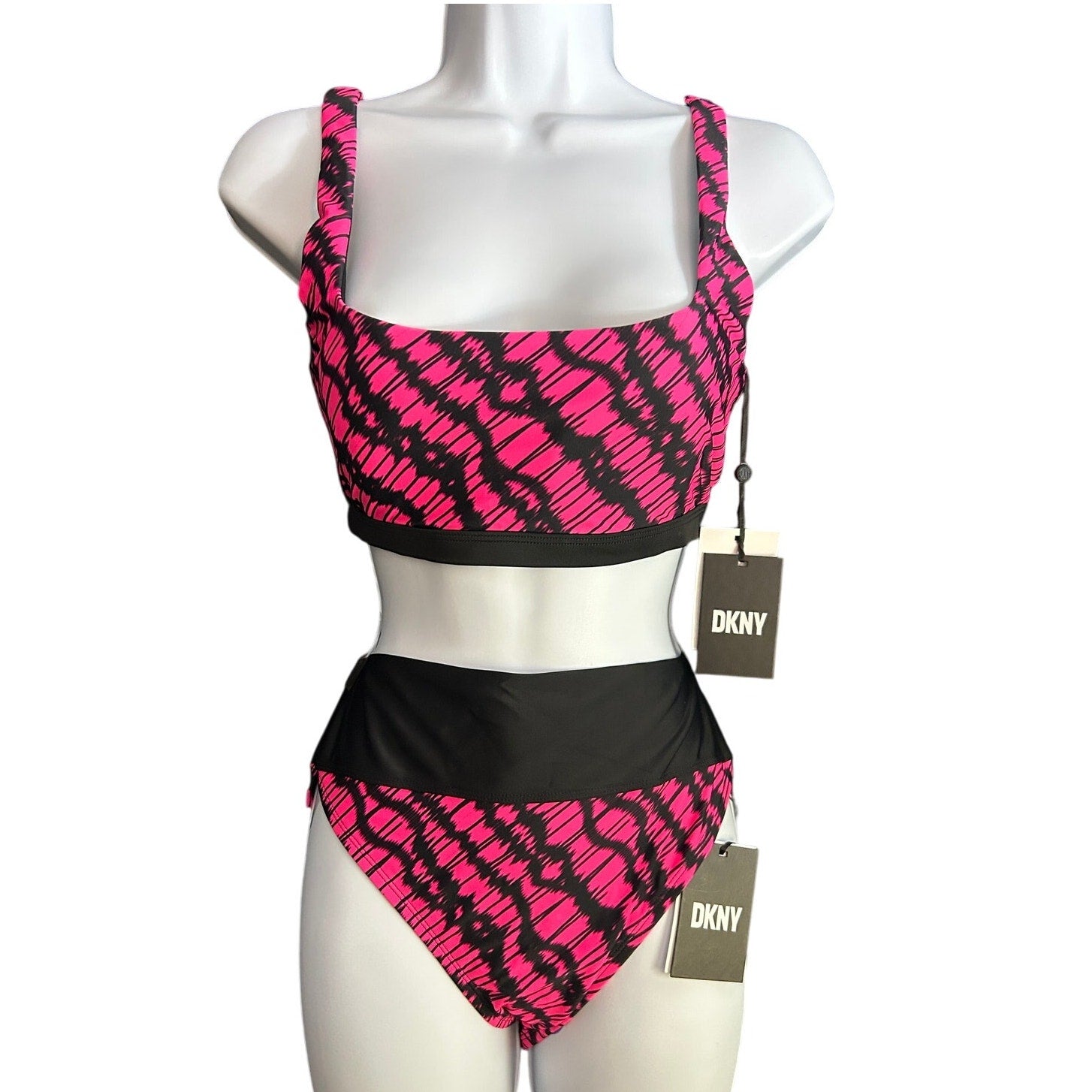 DKNY Swim Hot Neon Pink & Black Bikini Set Size Medium New