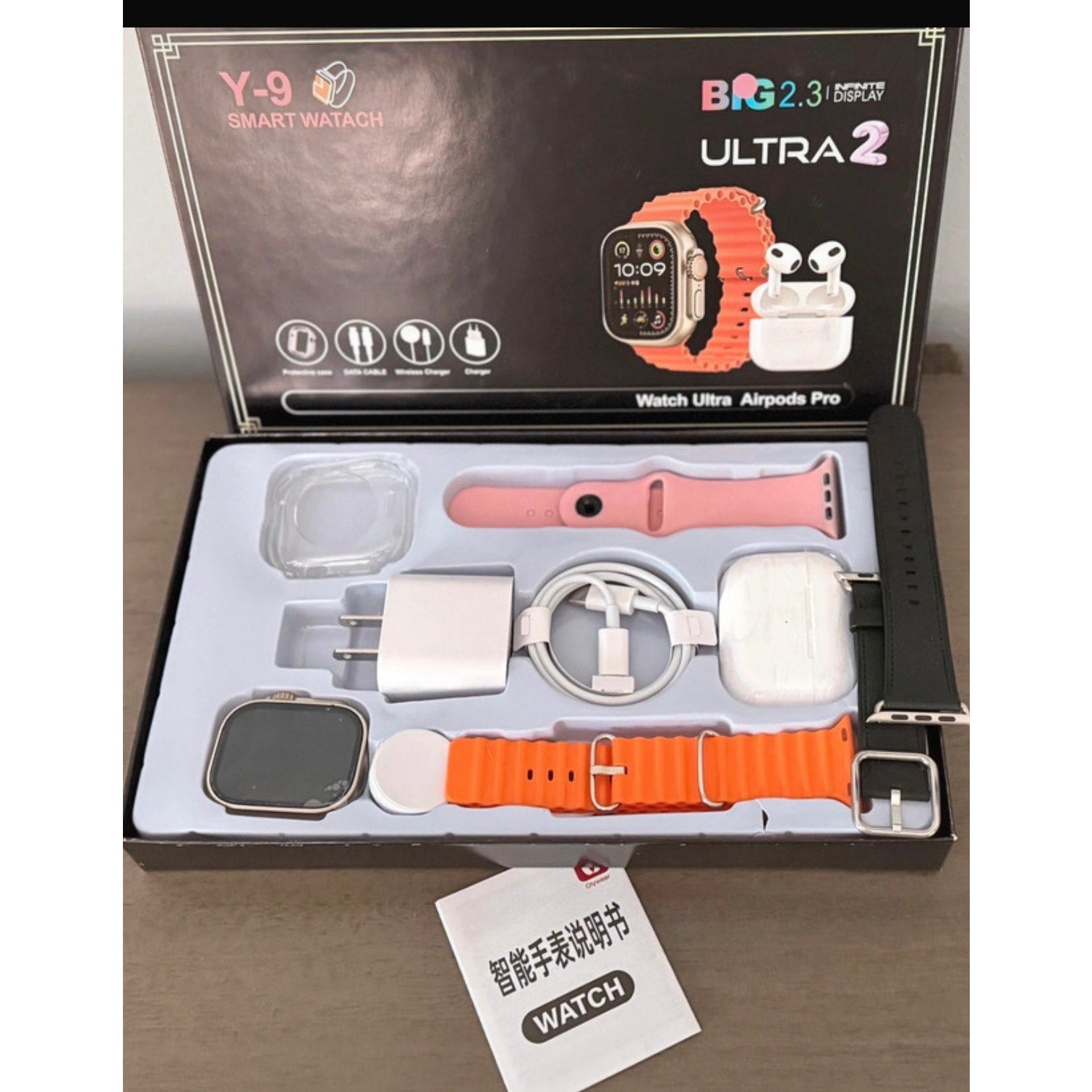 Y-9 Smartwatch Bundle Wireless Earbuds, Cover, Data Cable, Charger & 3 Bands NEW