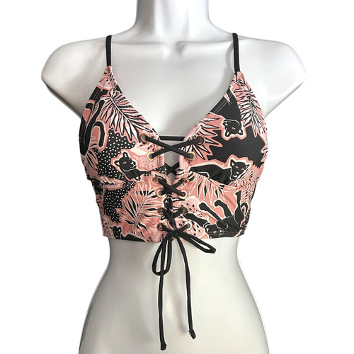 BCBGeneration Swim Black Panther Peach Jungle Print Lace-Up Bikini Top Only Size Small