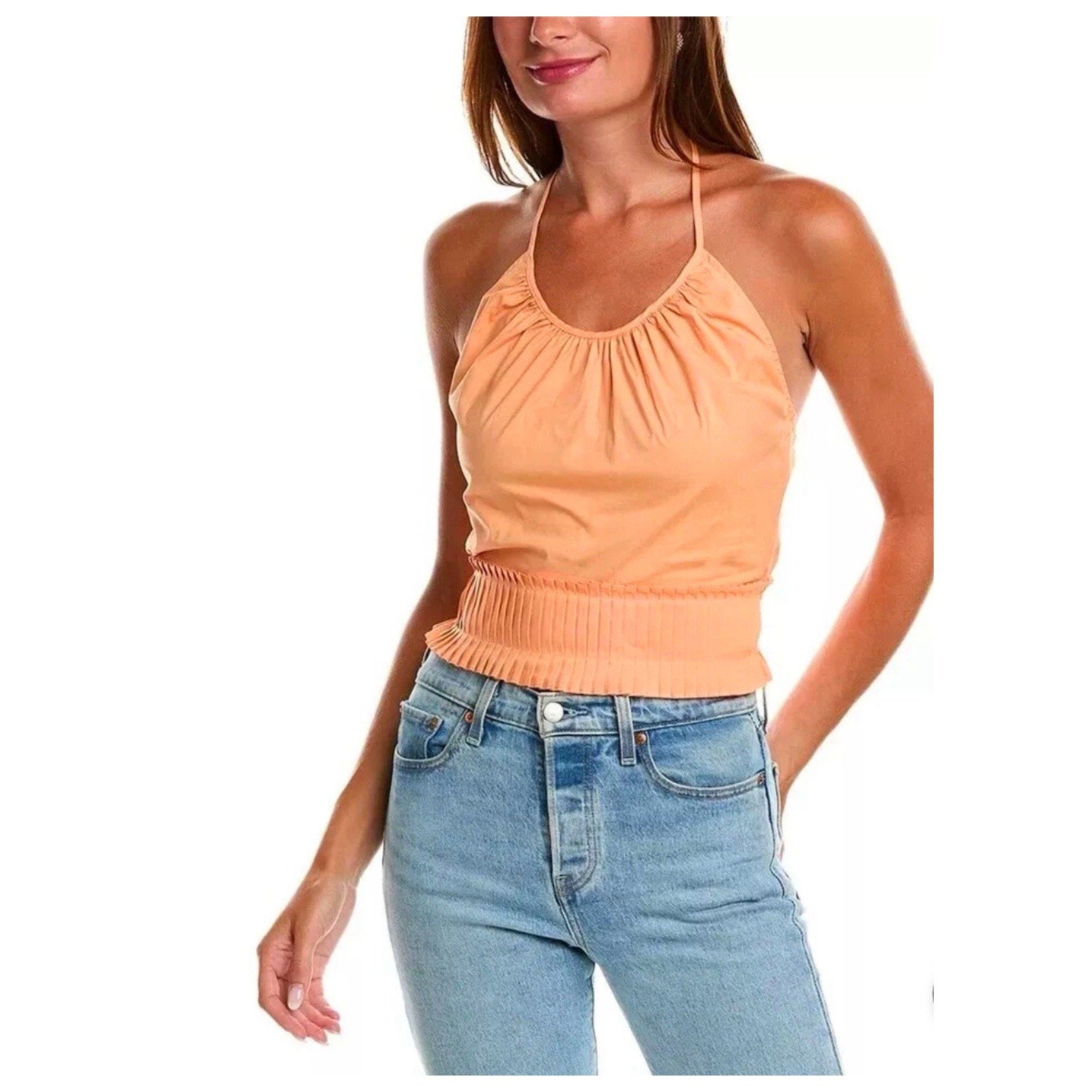 Ramy Brook Charlie Halter Top Size Small Tropical Peach Pleated Hem Retail $245