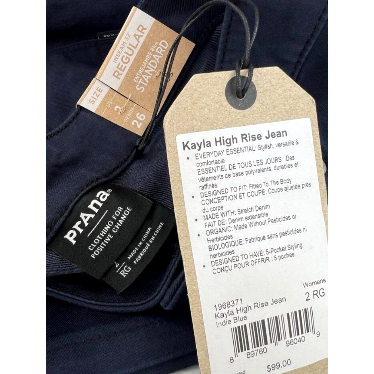 Women's PrAna Kayla Jeans Organic Stretch High Rise Indigo Blue Sz 2 32" inseam