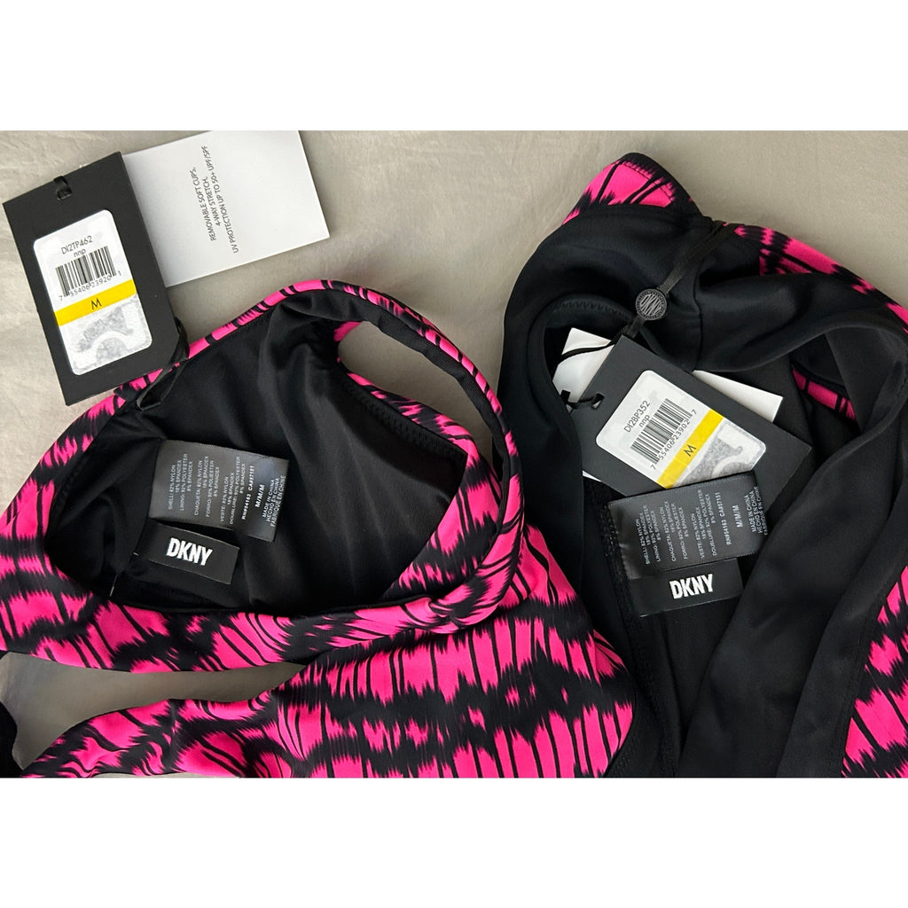 DKNY Swim Hot Neon Pink & Black Bikini Set Size Medium New