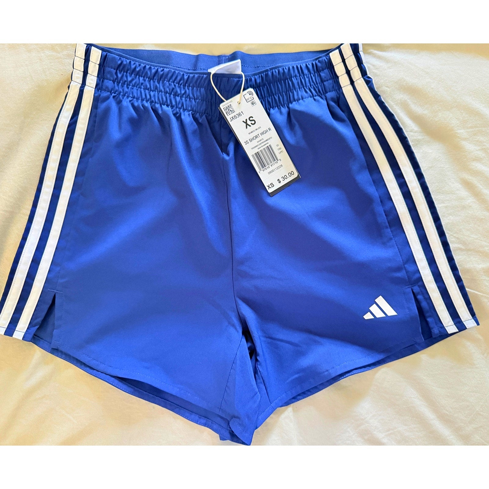 Adidas High‑Rise Blue 3‑Stripe Athletic Lightweight Elastic Waist Logo Shorts XS