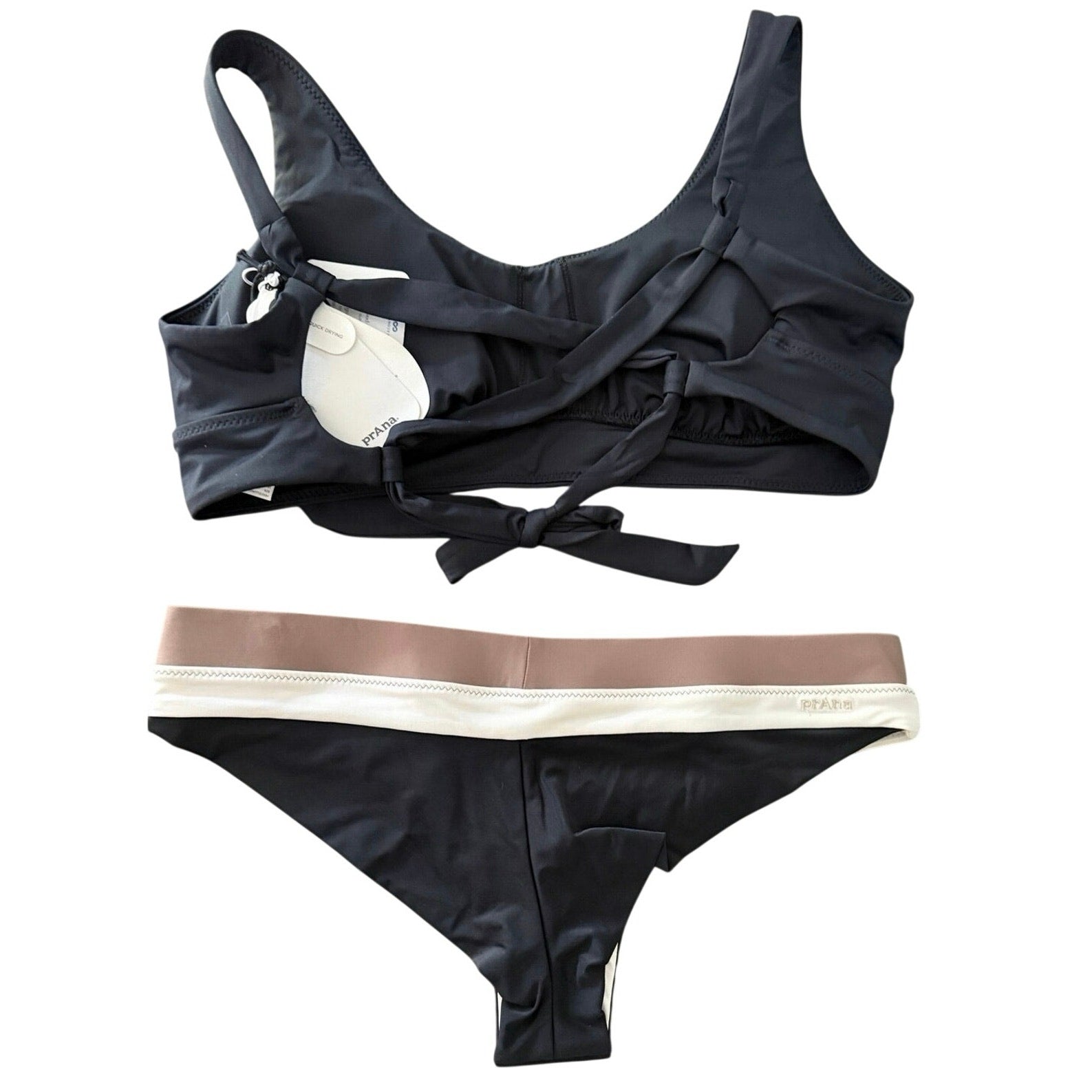 prAna Bikini Set Black Cross Tie Back Top & Color Block Bottoms Size Small NWT