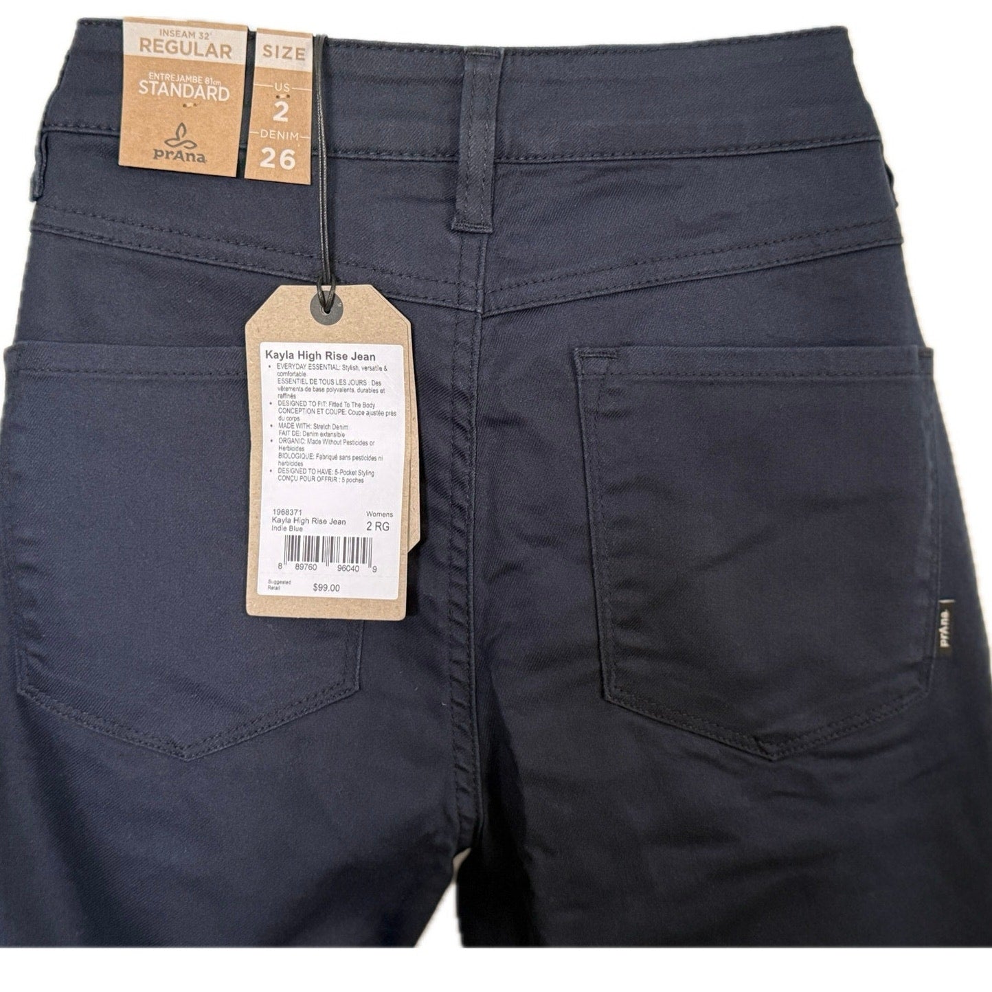 PrAna Kayla High Rise Jean Indie Blue Organic Stretch Denim 5‑Pocket Fit Sz 2 RG