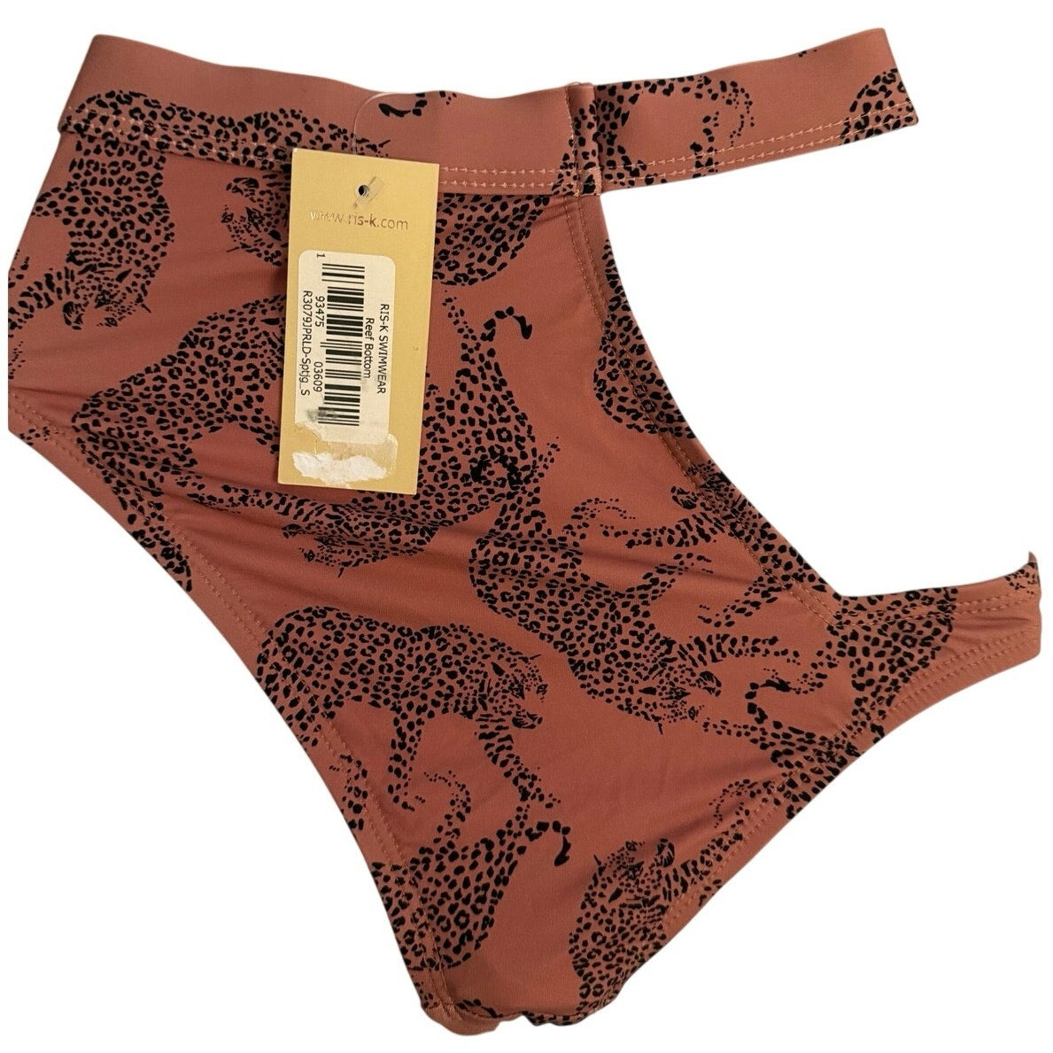 Risk Swimwear Reef Mauve Bikini Bottoms in Black Spotted Jaguars Size Medium NWT