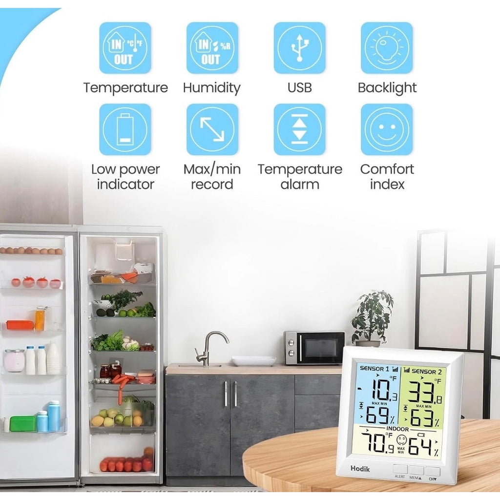 Hodik Digital Wireless Thermometer Refrigerator Freezer Alarm 2 Remote Sensors