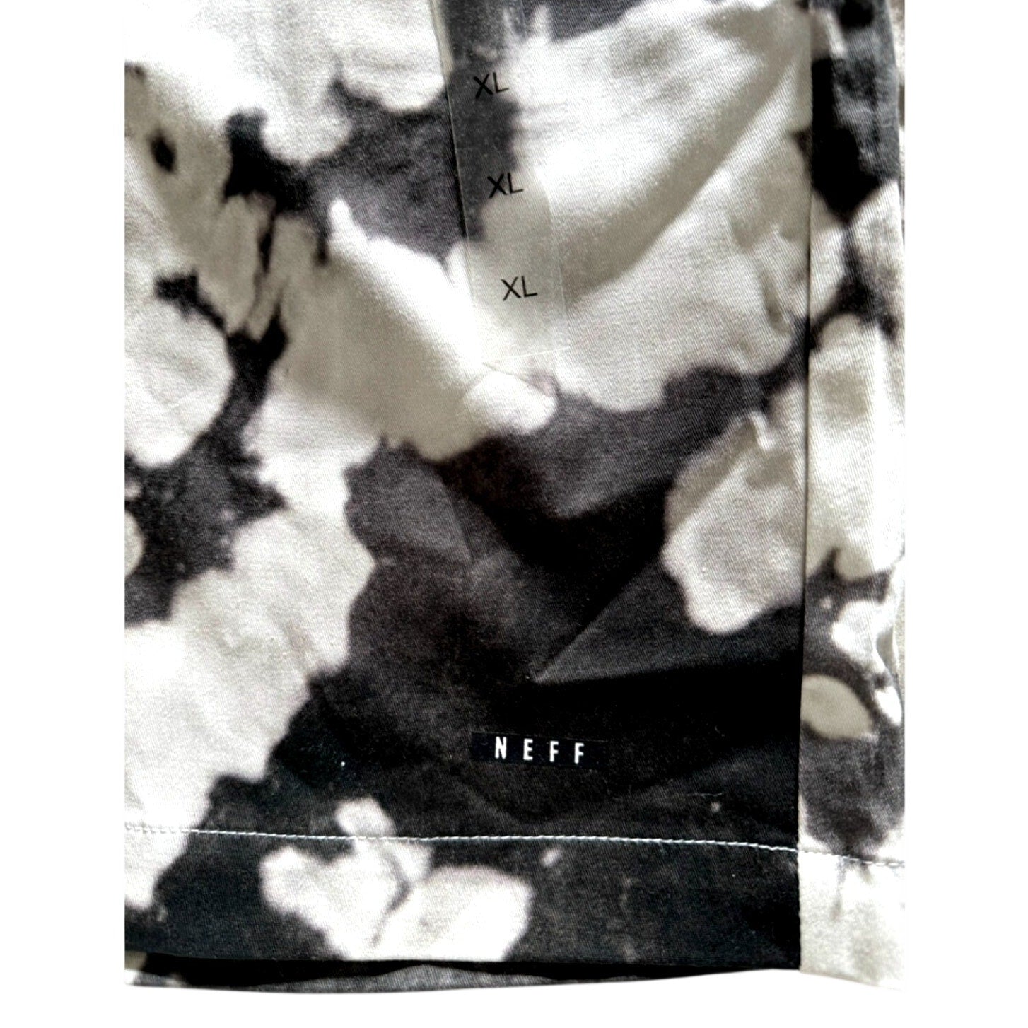 Mens Neff Board Shorts Elastic Waist Drawstring Pockets Black White Splat Sz XL