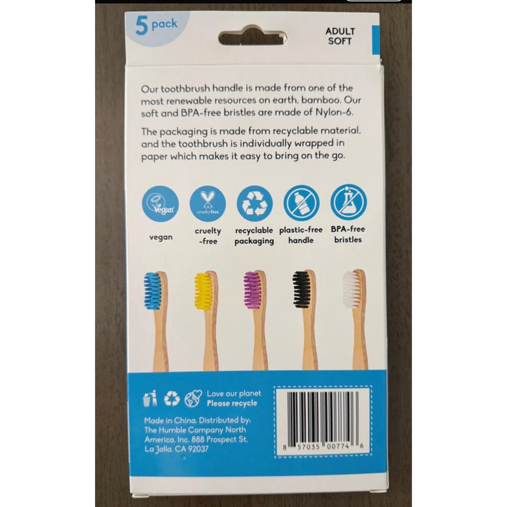 The Humble Co. Bamboo Toothbrushes (5pk) Soft Bristles - for Superior Oral Care