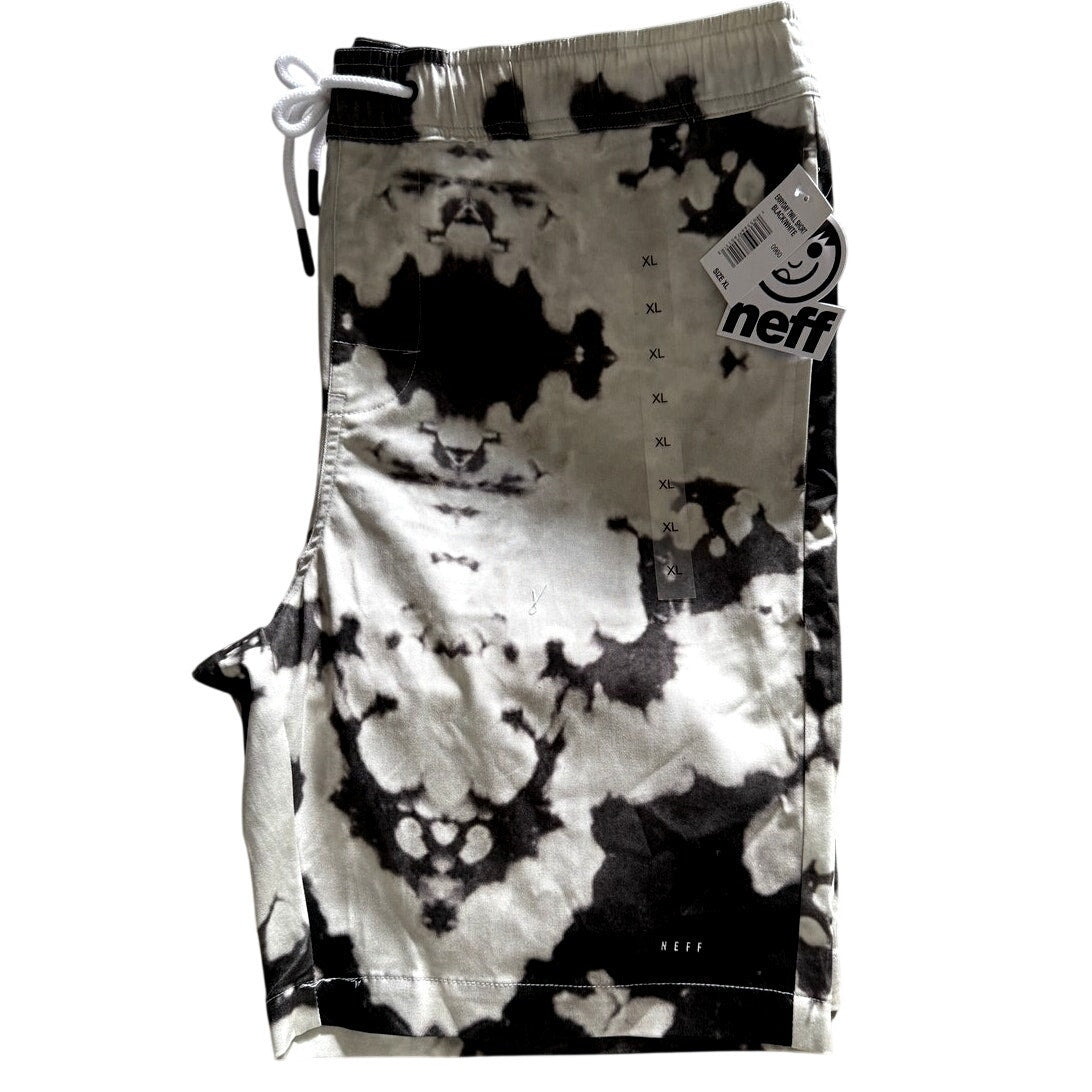 Mens Neff Board Shorts Elastic Waist Drawstring Pockets Black White Splat Sz XL